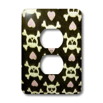 3dRose lsp_38980_6 Cute White Skulls And Pink Hearts On Black 2 Plug Outlet Cover