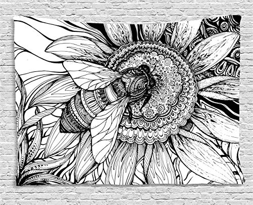 Ambesonne Nature Decor Tapestry by, Bee on a Flower Honey Pollen Floral Mother Earth Phase Wildlife Digital Print, Wall Hanging for Bedroom Living Room Dorm, 80WX60L Inches, Black White Ambesonne Nature Decor Tapestry by, Bee on a Flower Honey Pollen Floral Mother Earth Phase Wildlife Digital Print, Wall Hanging for Bedroom Living Room Dorm, 80WX60L Inches, Black White
