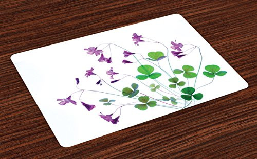Lunarable Flower Place Mats Set of 4, Springtime Garden Wildflowers and Clovers Modern Floral Theme Graphic Print, Washable Fabric Placemats for Dining Room Kitchen Table Decor, White Purple Green