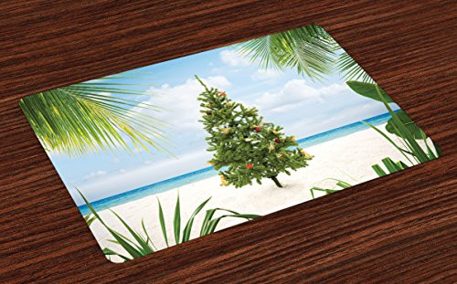 Ambesonne Christmas Place Mats, Tree with Tinsel and Ornaments Tropical Island Sandy Beach Party Theme, Washable Fabric Placemats for Dining Room Kitchen Table Decor, Green Blue Cream