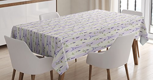 Ambesonne Paris Tablecloth, Floral Arrangement with Lavender Flowers on Soft Stripes City Symbol, Dining Room Kitchen Rectangular Table Cover, 60 W X 84 L Inches, Green