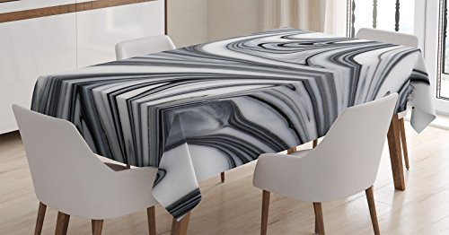 Ambesonne Apartment Decor Tablecloth, Mix of White and Black Hallucinatory Surreal Liquid Marble Figures Graphic Image, Dining Room Kitchen Rectangular Table Cover, 60 W X 90 L inches, Grey