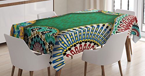 Ambesonne Moroccan Tablecloth, Oriental Motif with Mix of Hippie Retro Circle Morocco Mosaic Lines Sacred Design Print, Dining Room Kitchen Rectangular Table Cover, 60 W X 84 L Inches, Green