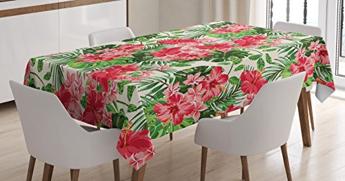 Ambesonne Floral Tablecloth, Tropical Botanic Flowers Leaves Ivy Island Hawaiian Image, Dining Room Kitchen Rectangular Table Cover, 52W X 70L inches, Dark Coral Hunter Green Jade Green
