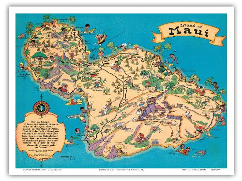 Hawaiian Island Of Maui - Hawaii Tourist Bureau - Vintage Hawaiian Colored Cartographic Map by Ruth Taylor White c.1941 - Hawaiian Master Art Print - 9in x 12in Hawaiian Island Of Maui - Hawaii Tourist Bureau - Vintage Hawaiian Colored Cartographic Map by Ruth Taylor White c.1941 - Hawaiian Master Art Print - 9in x 12in