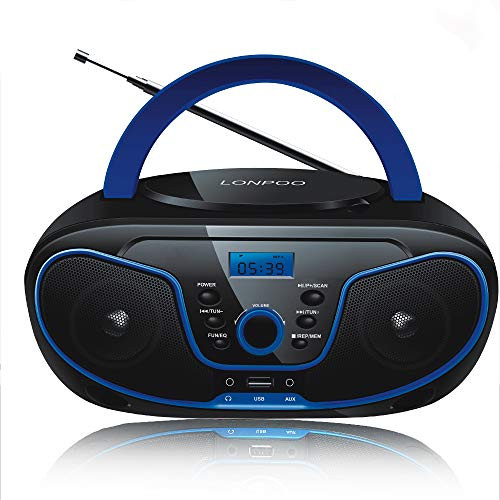 LONPOO CD Player Portable CD Boombox with FM Radio/USB/Bluetooth/AUX Input and Earphone Jack Output with Stereo Sound Speaker Audio Player