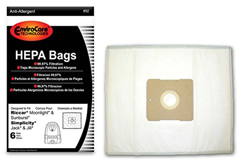 EnviroCare Replacement HEPA Vacuum bags for Riccar Moonlight and Sunburst. Simplicity Jack and Jill Canisters 6 pack