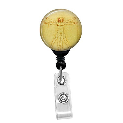 Leonardo Da Vinci - The Vitruvian Man - ID Name Custom Badge Holder - Nurse Badge Reel (Black Badge Reel with Belt Slide Clip)