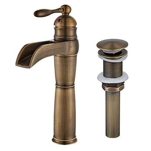 Senlesen Single Hole Lever Bathroom Waterfall Spout Vessel Sink Faucet with Pop Up Drain Without Overflow Antique Brass