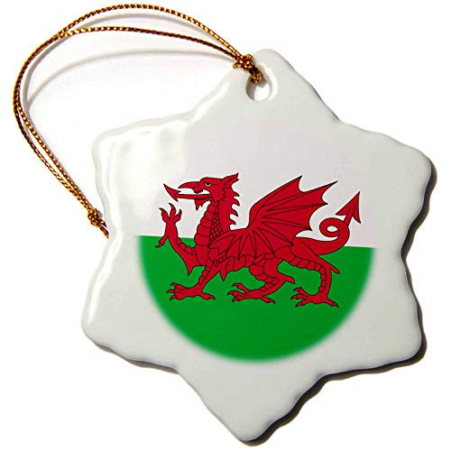 3dRose LLC ORN_158289_1 Porcelain Snowflake Ornament, 3-Inch, Flag of Wales-Welsh Red Dragon White and Green-Y Ddraig Goch UK Great Britain