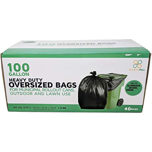 PlasticMill 100 Gallon, Black, 1.3 Mil, 67x79, 40 Bags/Case, Garbage Bags/Trash Can Liners.