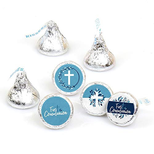 First Communion Blue Elegant Cross - Boy Religious Party Round Candy Sticker Favors - Labels Fit Hersheys Kisses (1 Sheet of 108)