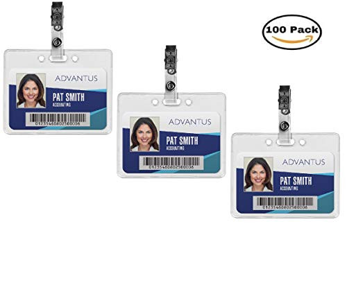 ADVANTUS PVC-Free Badge Holders, Horizontal, 4 x 3" Insert Size, 2 Pack of 50 Holders, 100 Holders Total (75603) and ADVANTUS Badge Strap with Clip, 100 Counts (75410)