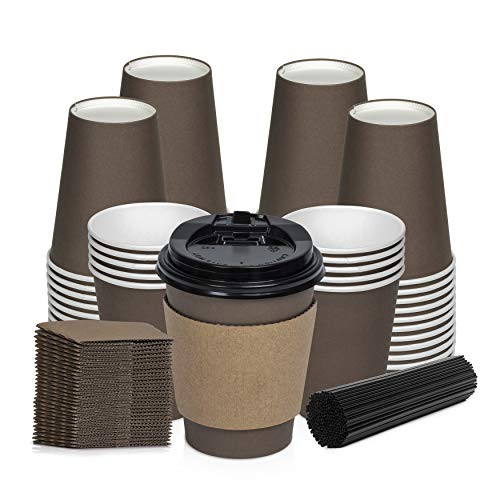 Savourio Coffee Cups with Lids  12 Oz Disposable Coffee Cups 100 Pack Paper Cups with Stirring Straws, Lids, Sleeves, Hot Coffee Container  Brown Short Tea Cup to Go  Leakproof Paper Sleeves Cups