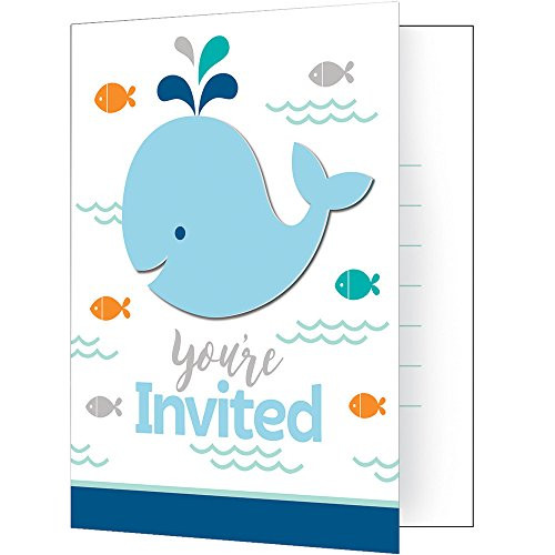 Creative Converting 324427 Blue Whale Party Invitation, 5" x 4", White