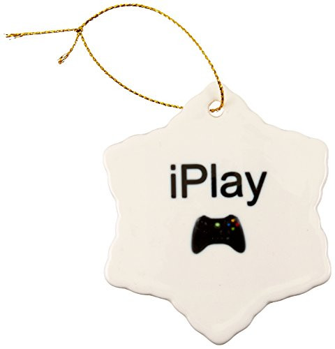 3dRose orn_180064_1 Iplay, Black Lettering on White Background, Picture of Game Controller-Snowflake Ornament, Porcelain, 3-Inch