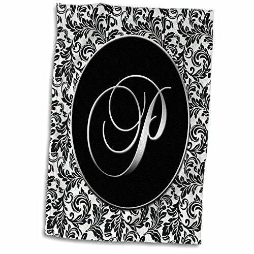 3D Rose Letter P - Black and White Damask TWL_38765_1 Towel 15" x 22"