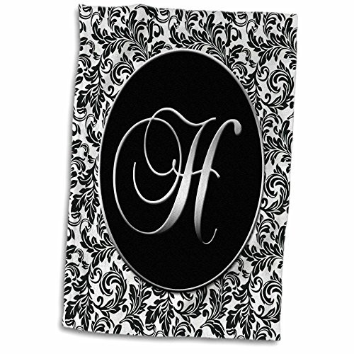 3D Rose Letter H - Black and White Damask TWL_38757_1 Towel 15" x 22"
