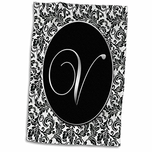 3D Rose Letter V - Black and White Damask TWL_38771_1 Towel 15" x 22"