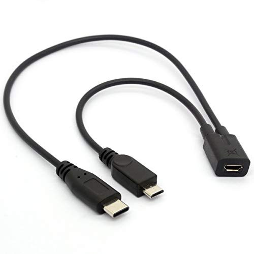 Micro USB Splitter Adapter, Micro USB Female to USBC Male + Type-C Male Charge Cable Extension