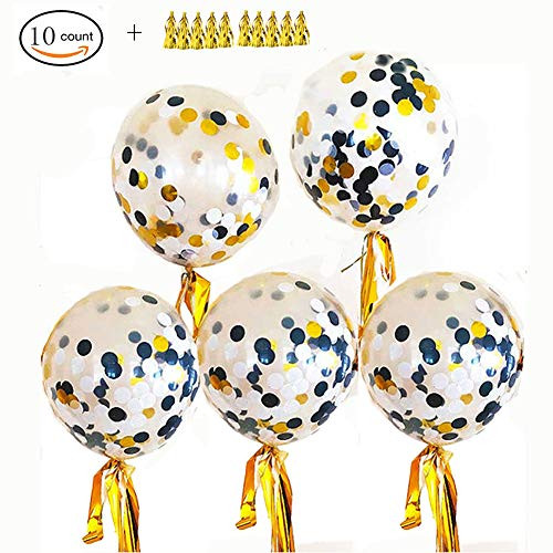 ZEKUI 10pcs 12''Black and Gold Jumbo Confetti Balloons Tassels Party Latex Balloons with Golden Paper Confetti Dots for Weddings, Birthdays, Bridal Baby Shower Engagement Halloween Decoration