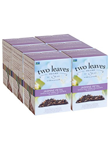 Two Leaves and a Bud Jasmine Petal Green Tea Bags, 15 Count (Pack of 6) Whole Leaf Green Tea in Pyramid Sachet Bags, Delicious Hot or Iced with Milk or Sugar or Honey or Plain
