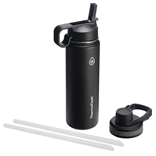 Thermoflask 50050 Double Insulated Stainless Steel Water Bottle with Chug Straw Lid, 24 oz, Black