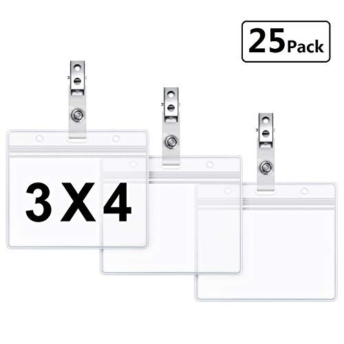 Clear Plastic Horizontal Name Tag Holders and Metal Badge Clips with Vinyl Straps Waterproof PVC ID Card Holder by LONOVE (25 Pack, Horizontal Large 3x4)