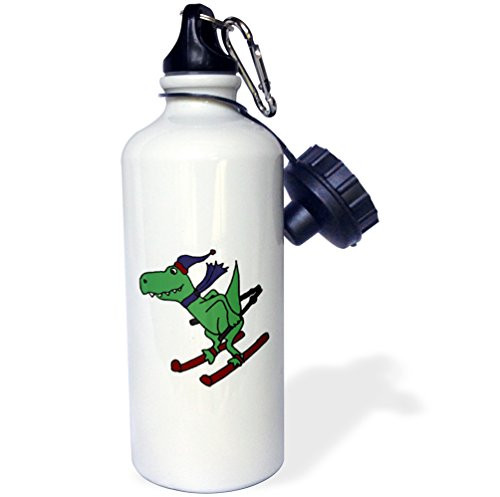 3dRose Funny Green Trex Dinosaur on Snow Skis-Sports Water Bottle, 21oz (wb_200135_1), 21 oz, Multicolor