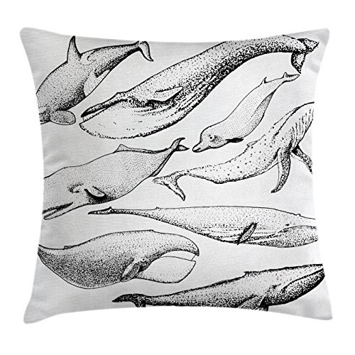 Ambesonne Whale Decor Throw Pillow Cushion Cover, Hand Drawn Whales from Every Single Type Small and Big Artistic Image, Decorative Square Accent Pillow Case, 18 X 18 Inches, Black and White