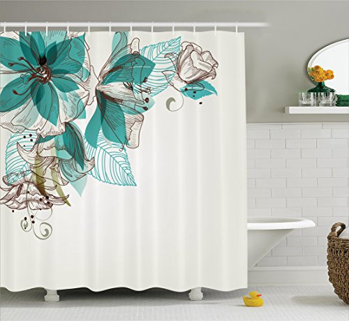 Ambesonne Turquoise Shower Curtain Decor, Flowers Buds Leaf at The Top Left Corner Retro Art Festive Season Celebration Design, Polyester Fabric Bathroom Shower Curtain Set with Hooks, Teal Brown