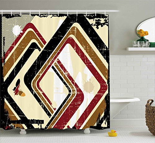 Ambesonne Abstract Shower Curtain, Trippy Forms in Grunge Effects Butterflies Retro Illustration, Fabric Bathroom Decor Set with Hooks, 75 Inches Long, Light Yellow Black Ruby Caramel