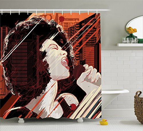 Ambesonne Afro Decor Shower Curtain, Jazz Singer Woman Performing on Grunge Background Musical Sound Illustration, Fabric Bathroom Decor Set with Hooks, 70 Inches, Black Orange