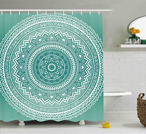 Ambesonne Teal Ombre Shower Curtain, Mandala Pattern Boho Style Floral Dots and Stripes with Petals Ethnic Print, Fabric Bathroom Decor Set with Hooks, 84 Inches Extra Long, Teal White