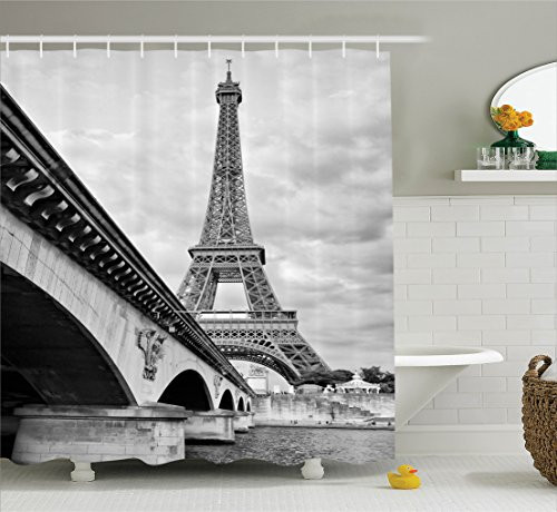 Ambesonne Eiffel Tower Decor Collection, Eiffel Tower Cloudy Sky View from Seine River under the Bridge Monochromic Art, Polyester Fabric Bathroom Shower Curtain Set with Hooks, Black White