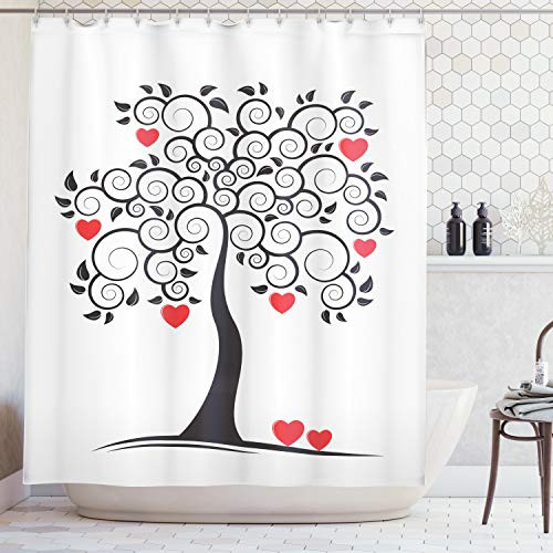 Ambesonne Love Decor Collection, Abstract Heart Tree Floral Leaves Spring Swirl Simplicity Creative Illustration Image, Polyester Fabric Bathroom Shower Curtain, 75 Inches Long, Black White Red
