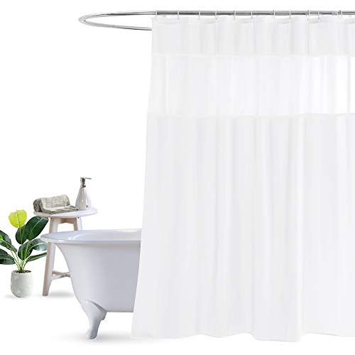 UFRIDAY Fabric White Shower Curtain with Mesh Window, Waterproof Bathroom Curtain with Weighted Bottom Hem, Machine Washable, 72 x 72 Inch