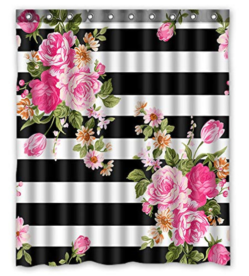 FMSHPON Black and White Striped Pattern with Beautiful Flowers Waterproof Fabric Bathroom Shower Curtain Size 60x72 inches FMSHPON Black and White Striped Pattern with Beautiful Flowers Waterproof Fabric Bathroom Shower Curtain Size 60x72 inches