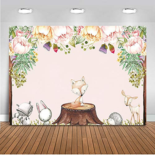 Mehofoto Woodland Floral Backdrop Woodland Animals Baby Shower Photography Background 7x5ft Vinyl Woodland Birthday Party Backdrops