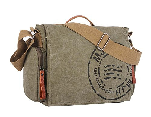 Ecokaki(TM) Casual Business Canvas Shoulder Bookbag Hiking Satchel Messenger Handbag Laptop Crossbody Tote Bag, Army Green