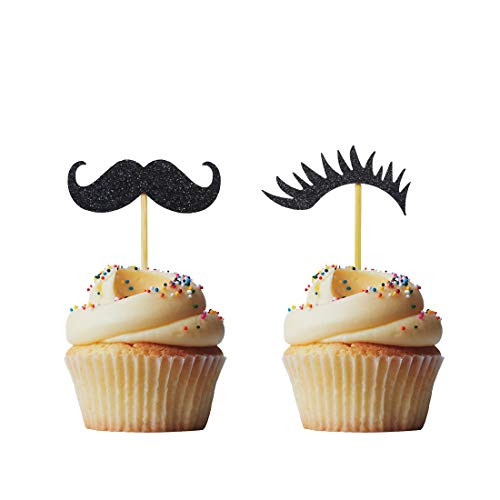 Morndew 24 PCS Black Glitter Mustache and Lashes Gender Reveal Cupcake Topper for Baby Shower Party Birthday Party Decorations