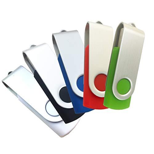 Enfain 16GB USB Flash Drive Bulk Thumb Drive Swivel Jump Drive USB2.0 Memory Stick Pen Drives, with Led Indicator, plus 12 Removable Mark Labels, in Black/Blue/White/Red/Green 5 Colors (16 GB, 5 Pack)