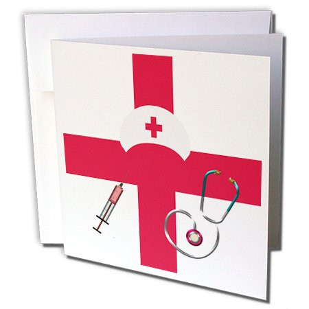 3dRose Nurse Cap, Syringes, and Stethoscopes On First Aid Red Cross - Greeting Card, 6" x 6", Single (gc_244141_5)