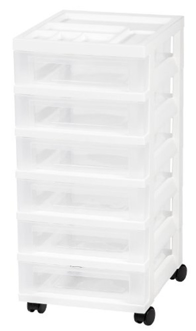 IRIS 6-Drawer Rolling Storage Cart with Organizer Top, White