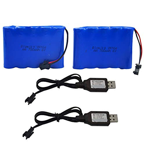 Blomiky 2 Pack 6.0V 700mAh Ni-CD AA Rechargeable Battery Pack and 2 USB Charger Cable Fit for 11 Channel RC Excavator RC Truck Amphibious Stunt RC Cars Vehicles 6V 700mAH and USB 2