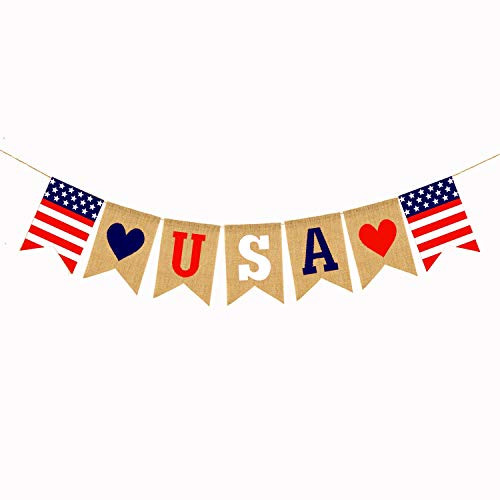 IMIKE American Independence Day Patriotic Burlap Banner 4th of July Decor Red White and Blue Theme Party Supplies