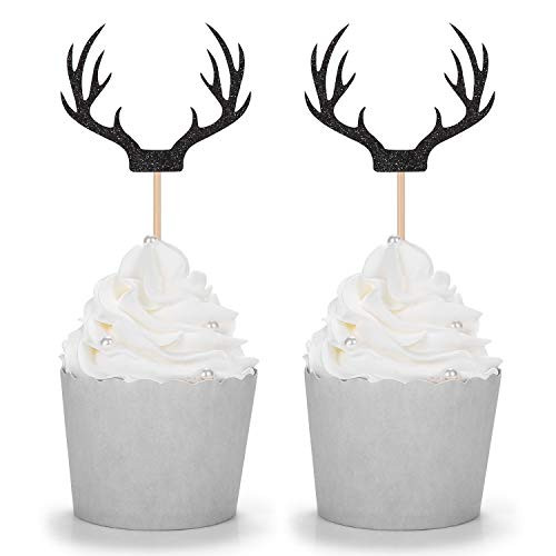 24 Counts Black Deer Antler Cupcake Toppers Picks For Wedding Birthday Baby Shower Party Decorations