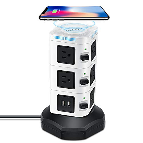 Power Strip Tower GLCON Surge Protector Tower Fast Wireless Charger + 4 USB 5V/5A Ports + 3000W 13A 10 Outlet Plugs + Charging Tower with 6ft Long Extension Cord for Home Office