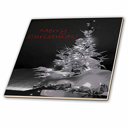 3dRose ct_8846_1 Pretty Christmas Tree Merry Christmas in Black and White with Red Text-Ceramic Tile, 4-Inch