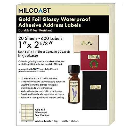 Milcoast Gold Foil Glossy Waterproof Tear Resistant 1" x 2-5/8" Address Labels - for Inkjet/Laser Printers - 600 Labels (20 Sheets)